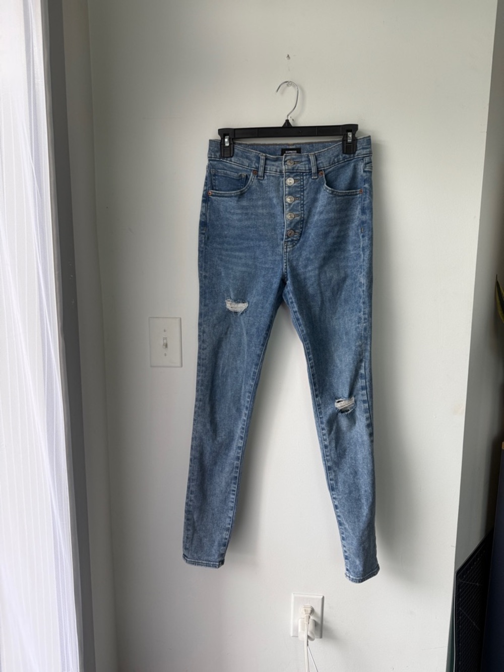 Express High-Rise Button-Fly Distressed Jeans in Medium Blue